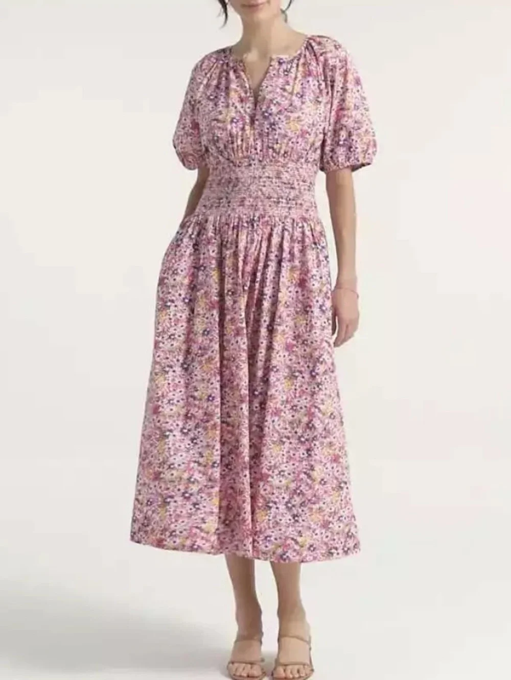 J. Crew Pink Floral Fields Puff Sleeve Smocked Waist Midi Dress MSRP $248 Size L